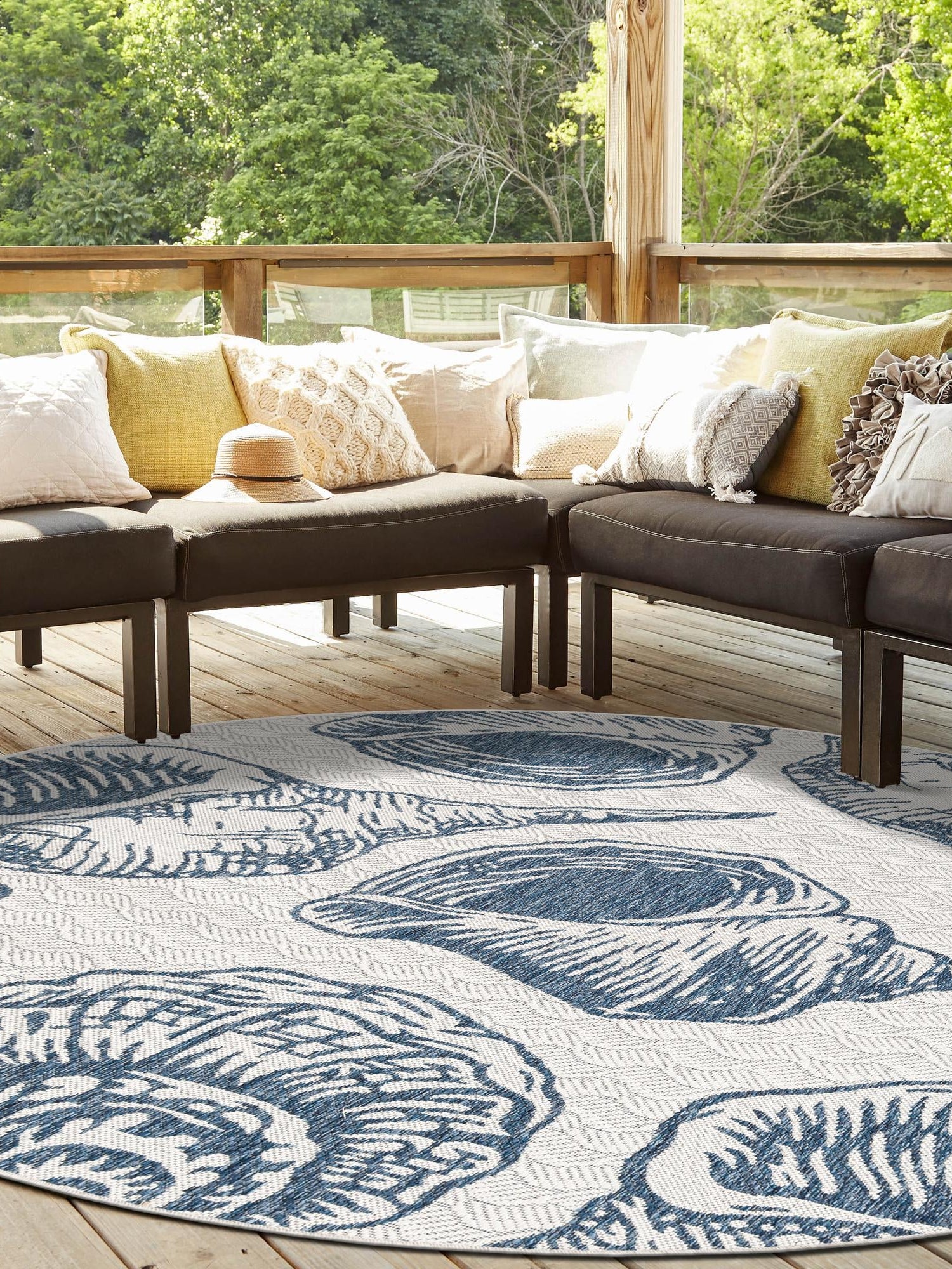 Ivory and Navy Blue 12' x 12' Outdoor Coastal Round Area Rug Weather Resistant for Patio, Deck, Terrace, Balcony, Porch 100% Polypropylene Coastal Decor Carpet for Sale at Rug Engine