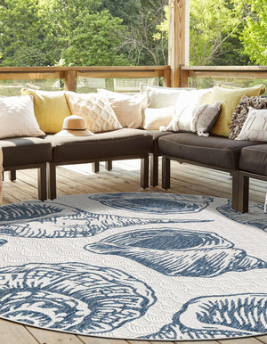Ivory and Navy Blue 7' 10 x 7' 10 Outdoor Coastal Round Area Rug Weather Resistant for Patio, Deck, Terrace, Balcony, Porch 100% Polypropylene Coastal Decor Carpet for Sale at Rug Engine