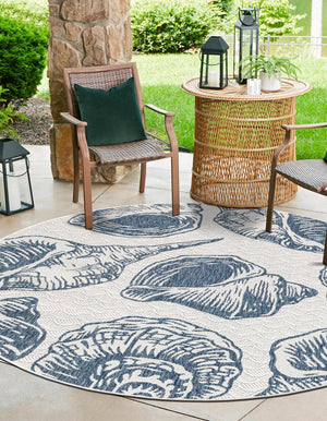 Ivory and Navy Blue 10' x 10' Outdoor Coastal Round Area Rug Weather Resistant for Patio, Deck, Terrace, Balcony, Porch 100% Polypropylene Coastal Decor Carpet for Sale at Rug Engine