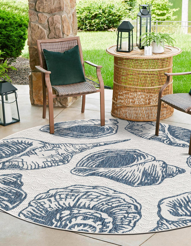 Ivory and Navy Blue 7' 10 x 7' 10 Outdoor Coastal Round Area Rug Weather Resistant for Patio, Deck, Terrace, Balcony, Porch 100% Polypropylene Coastal Decor Carpet for Sale at Rug Engine