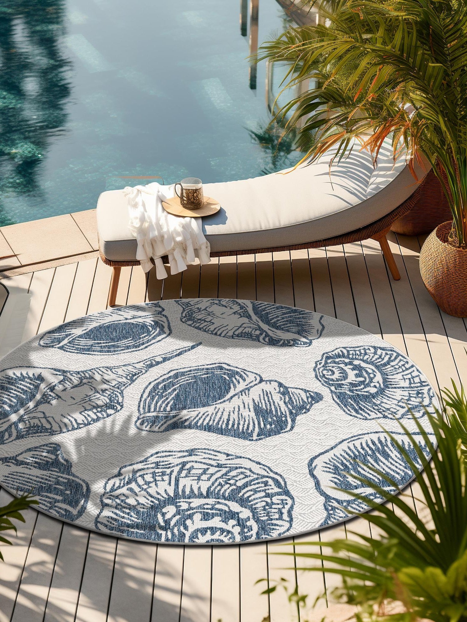 Ivory and Navy Blue 6' 1 x 6' 1 Outdoor Coastal Round Area Rug Weather Resistant for Patio, Deck, Terrace, Balcony, Porch 100% Polypropylene Coastal Decor Carpet for Sale at Rug Engine
