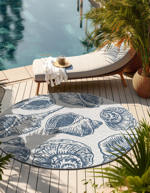 Ivory and Navy Blue 3' 1 x 3' 1 Outdoor Coastal Round Area Rug Weather Resistant for Patio, Deck, Terrace, Balcony, Porch 100% Polypropylene Coastal Decor Carpet for Sale at Rug Engine
