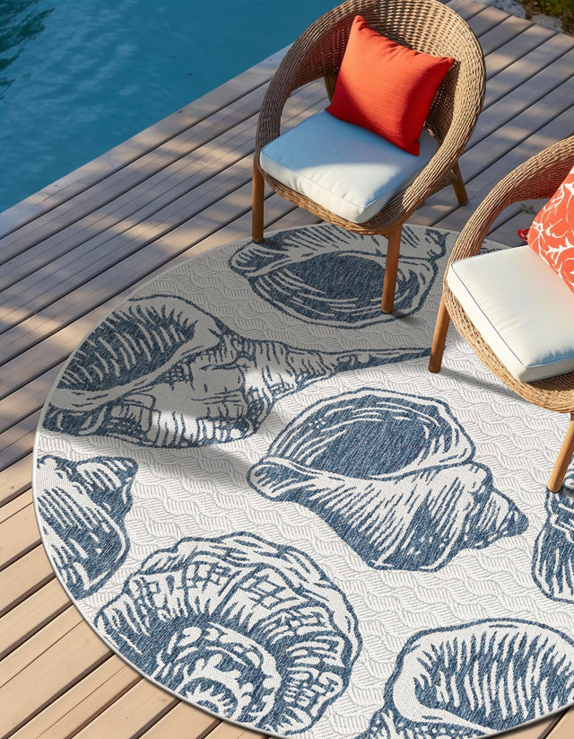 Ivory and Navy Blue 12' x 12' Outdoor Coastal Round Area Rug Weather Resistant for Patio, Deck, Terrace, Balcony, Porch 100% Polypropylene Coastal Decor Carpet for Sale at Rug Engine
