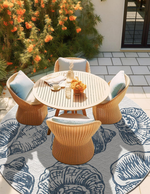 Ivory and Navy Blue 10' x 10' Outdoor Coastal Round Area Rug Weather Resistant for Patio, Deck, Terrace, Balcony, Porch 100% Polypropylene Coastal Decor Carpet for Sale at Rug Engine