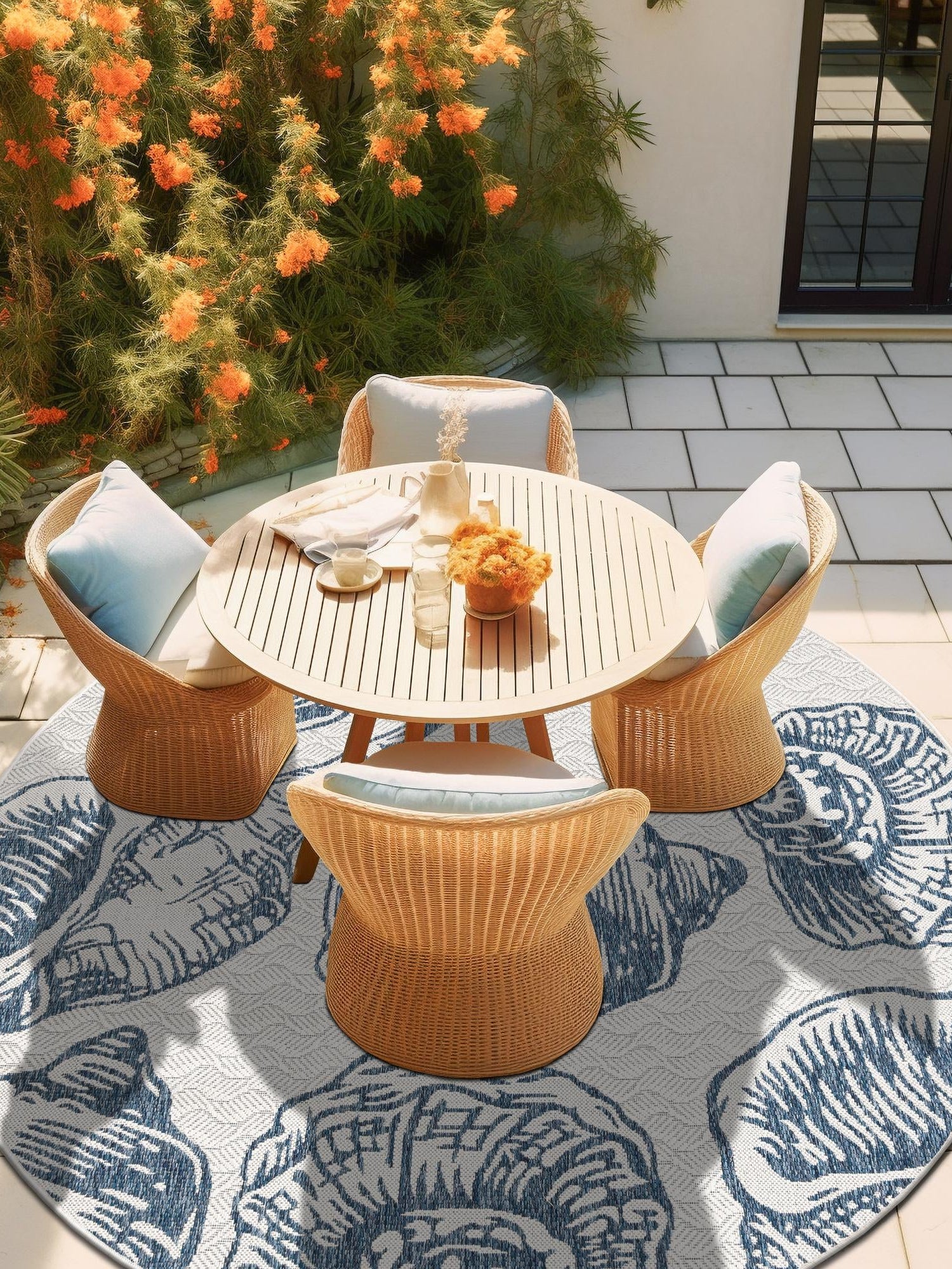 Ivory and Navy Blue 12' x 12' Outdoor Coastal Round Area Rug Weather Resistant for Patio, Deck, Terrace, Balcony, Porch 100% Polypropylene Coastal Decor Carpet for Sale at Rug Engine