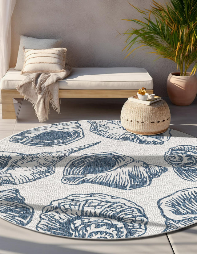 Ivory and Navy Blue 10' x 10' Outdoor Coastal Round Area Rug Weather Resistant for Patio, Deck, Terrace, Balcony, Porch 100% Polypropylene Coastal Decor Carpet for Sale at Rug Engine