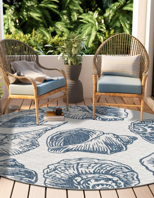 Ivory and Navy Blue 10' x 10' Outdoor Coastal Round Area Rug Weather Resistant for Patio, Deck, Terrace, Balcony, Porch 100% Polypropylene Coastal Decor Carpet for Sale at Rug Engine