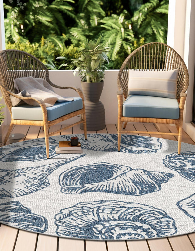Ivory and Navy Blue 10' x 10' Outdoor Coastal Round Area Rug Weather Resistant for Patio, Deck, Terrace, Balcony, Porch 100% Polypropylene Coastal Decor Carpet for Sale at Rug Engine