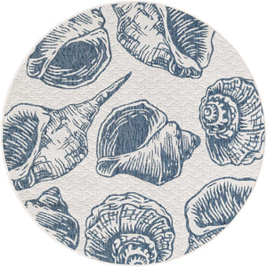 Ivory and Navy Blue 6' 1 x 6' 1 Outdoor Coastal Round Area Rug Weather Resistant for Patio, Deck, Terrace, Balcony, Porch 100% Polypropylene Coastal Decor Carpet for Sale at Rug Engine