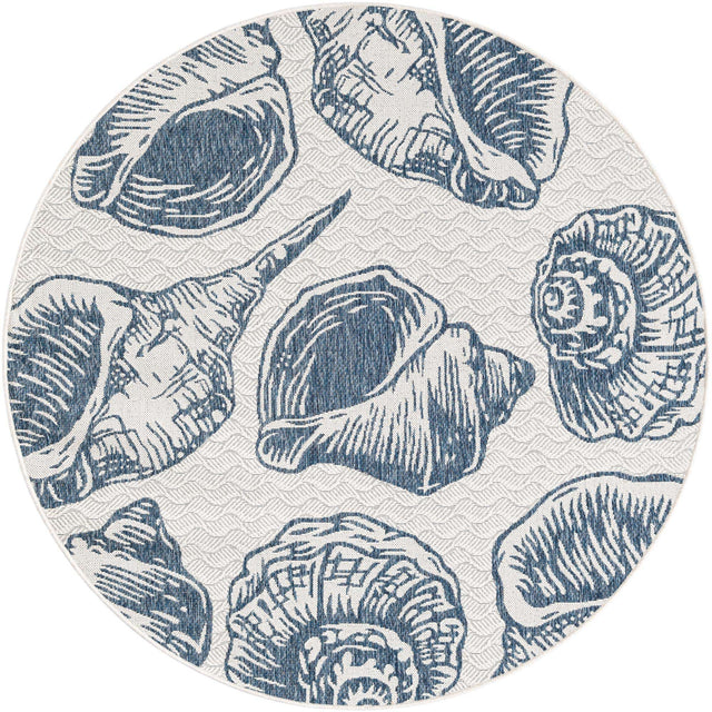 Ivory and Navy Blue 6' 1 x 6' 1 Outdoor Coastal Round Area Rug Weather Resistant for Patio, Deck, Terrace, Balcony, Porch 100% Polypropylene Coastal Decor Carpet for Sale at Rug Engine