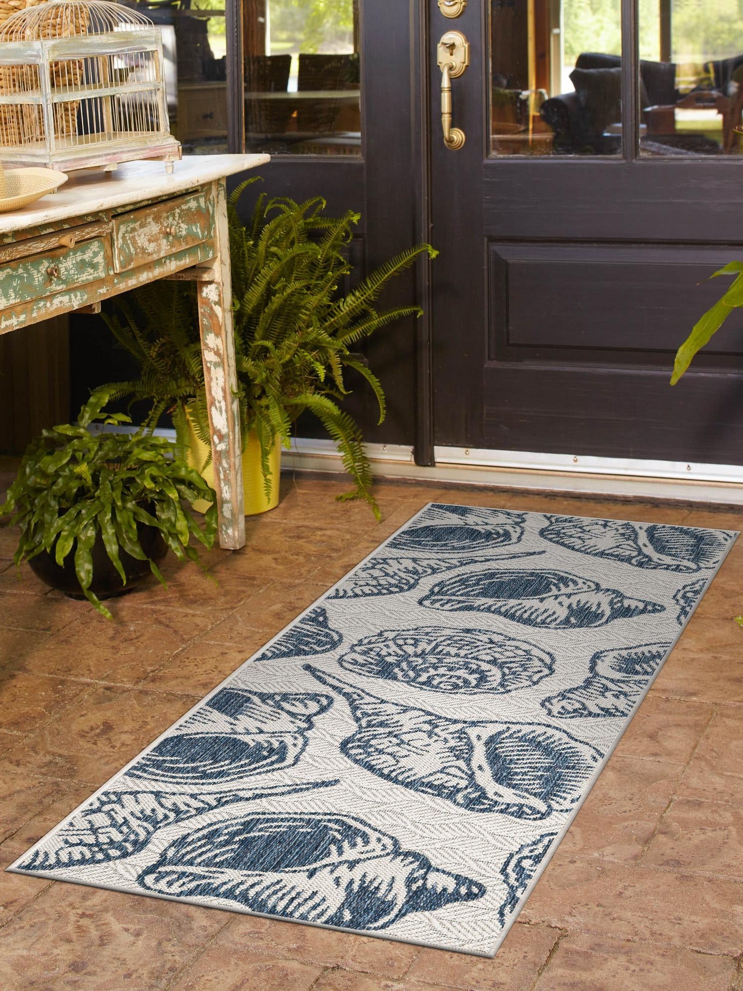 Ivory and Navy Blue 2' x 5' 3 Outdoor Coastal Runner Area Rug Weather Resistant for Patio, Deck, Terrace, Balcony, Porch 100% Polypropylene Coastal Decor Carpet for Sale at Rug Engine