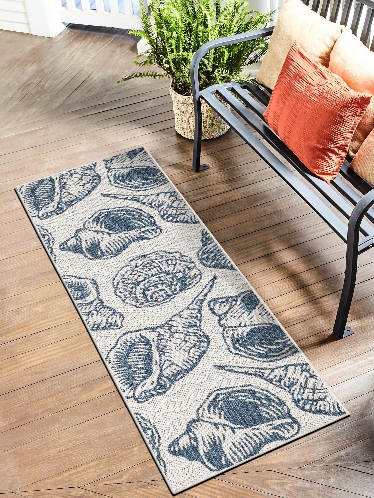 Ivory and Navy Blue 2' x 5' 3 Outdoor Coastal Runner Area Rug Weather Resistant for Patio, Deck, Terrace, Balcony, Porch 100% Polypropylene Coastal Decor Carpet for Sale at Rug Engine