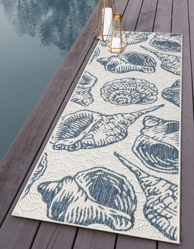 Ivory and Navy Blue 2' 7 x 12' Outdoor Coastal Runner Area Rug Weather Resistant for Patio, Deck, Terrace, Balcony, Porch 100% Polypropylene Coastal Decor Carpet for Sale at Rug Engine