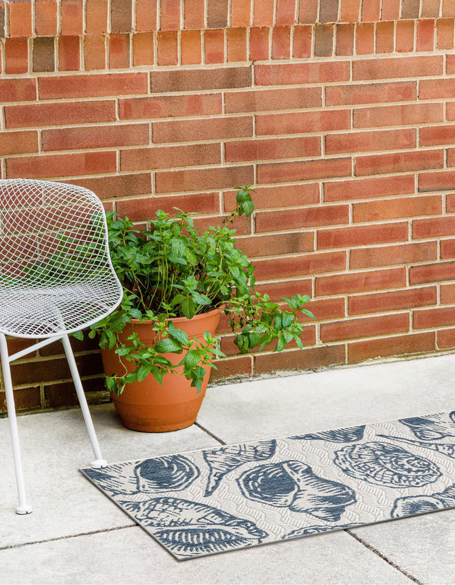 Ivory and Navy Blue 2' 7 x 12' Outdoor Coastal Runner Area Rug Weather Resistant for Patio, Deck, Terrace, Balcony, Porch 100% Polypropylene Coastal Decor Carpet for Sale at Rug Engine