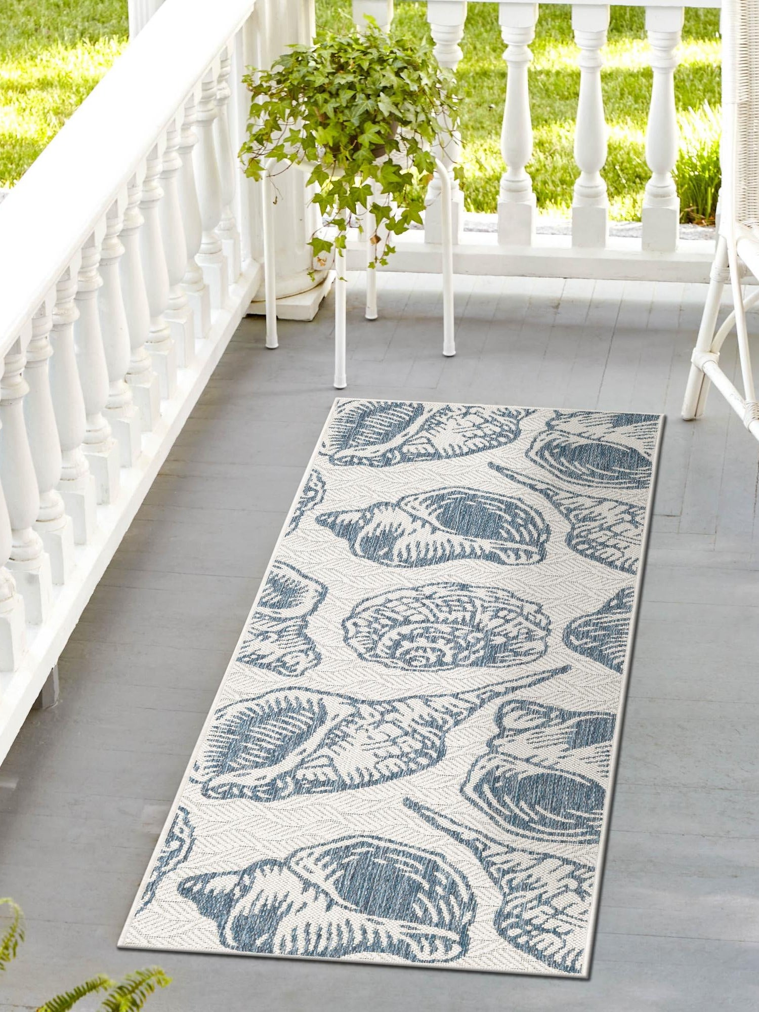 Ivory and Navy Blue 2' x 6' 1 Outdoor Coastal Runner Area Rug Weather Resistant for Patio, Deck, Terrace, Balcony, Porch 100% Polypropylene Coastal Decor Carpet for Sale at Rug Engine