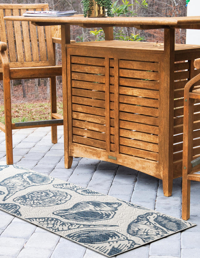 Ivory and Navy Blue 2' x 8' Outdoor Coastal Runner Area Rug Weather Resistant for Patio, Deck, Terrace, Balcony, Porch 100% Polypropylene Coastal Decor Carpet for Sale at Rug Engine