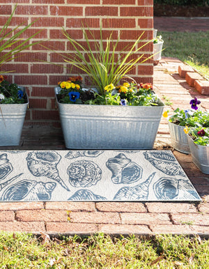 Ivory and Navy Blue 2' 7 x 12' Outdoor Coastal Runner Area Rug Weather Resistant for Patio, Deck, Terrace, Balcony, Porch 100% Polypropylene Coastal Decor Carpet for Sale at Rug Engine