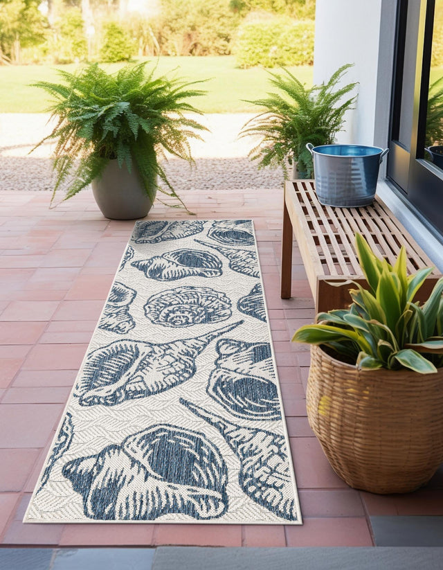 Ivory and Navy Blue 2' 7 x 12' Outdoor Coastal Runner Area Rug Weather Resistant for Patio, Deck, Terrace, Balcony, Porch 100% Polypropylene Coastal Decor Carpet for Sale at Rug Engine