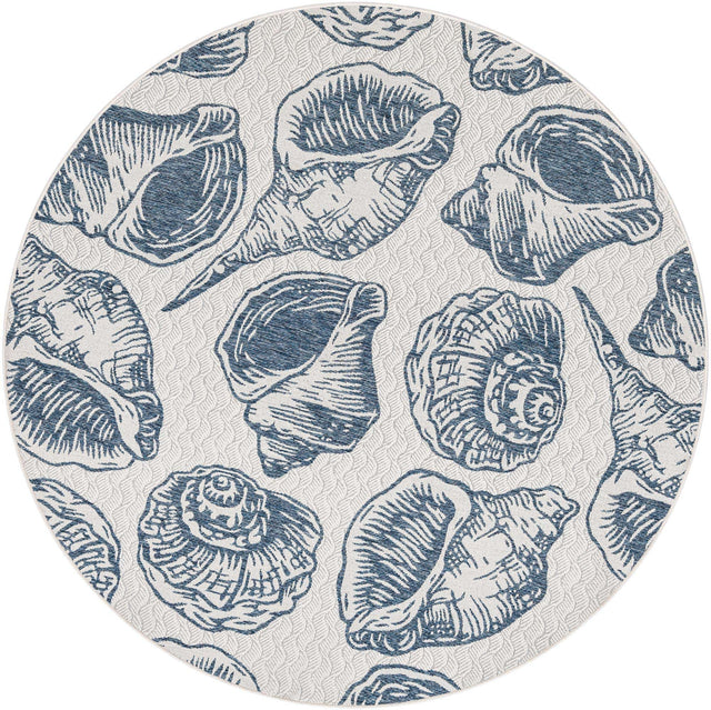 Ivory and Navy Blue 7' 10 x 7' 10 Outdoor Coastal Round Area Rug Weather Resistant for Patio, Deck, Terrace, Balcony, Porch 100% Polypropylene Coastal Decor Carpet for Sale at Rug Engine