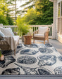 Ivory and Navy Blue 7' 10 x 7' 10 Outdoor Coastal Square Area Rug Weather Resistant for Patio, Deck, Terrace, Balcony, Porch 100% Polypropylene Coastal Decor Carpet for Sale at Rug Engine