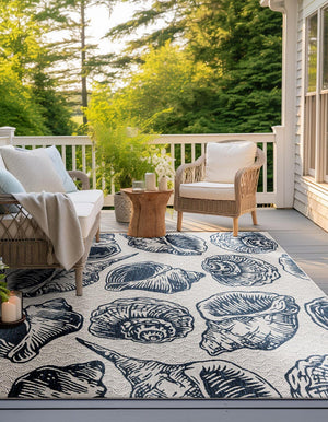 Ivory and Navy Blue 12' x 12' Outdoor Coastal Square Area Rug Weather Resistant for Patio, Deck, Terrace, Balcony, Porch 100% Polypropylene Coastal Decor Carpet for Sale at Rug Engine