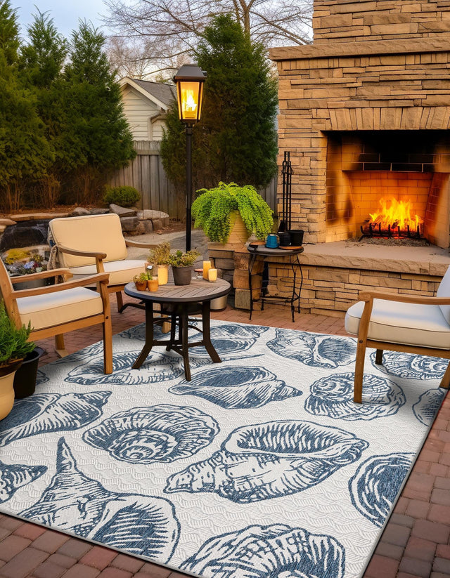 Ivory and Navy Blue 12' x 12' Outdoor Coastal Square Area Rug Weather Resistant for Patio, Deck, Terrace, Balcony, Porch 100% Polypropylene Coastal Decor Carpet for Sale at Rug Engine