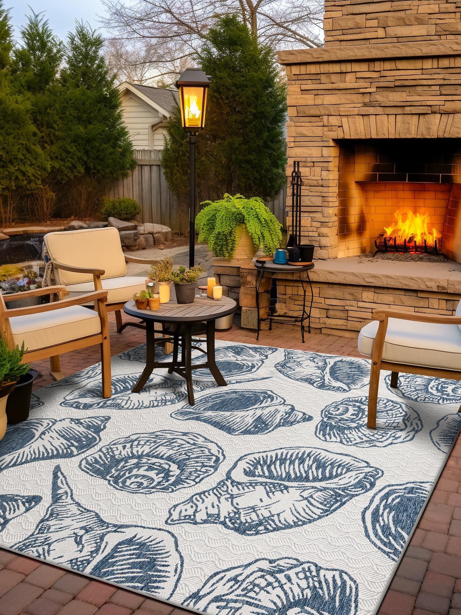 Ivory and Navy Blue 10' x 10' Outdoor Coastal Square Area Rug Weather Resistant for Patio, Deck, Terrace, Balcony, Porch 100% Polypropylene Coastal Decor Carpet for Sale at Rug Engine