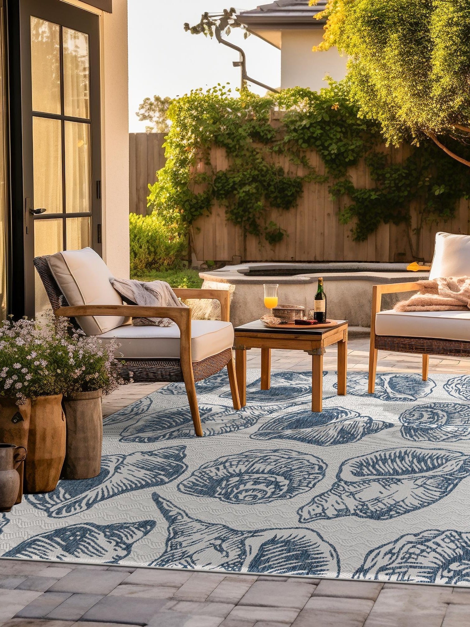Ivory and Navy Blue 7' 10 x 7' 10 Outdoor Coastal Square Area Rug Weather Resistant for Patio, Deck, Terrace, Balcony, Porch 100% Polypropylene Coastal Decor Carpet for Sale at Rug Engine