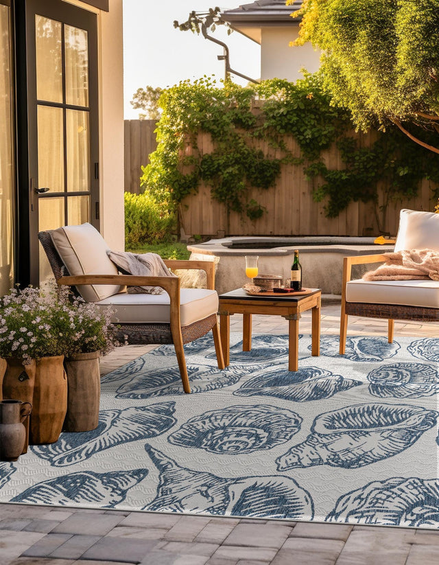 Ivory and Navy Blue 10' x 10' Outdoor Coastal Square Area Rug Weather Resistant for Patio, Deck, Terrace, Balcony, Porch 100% Polypropylene Coastal Decor Carpet for Sale at Rug Engine