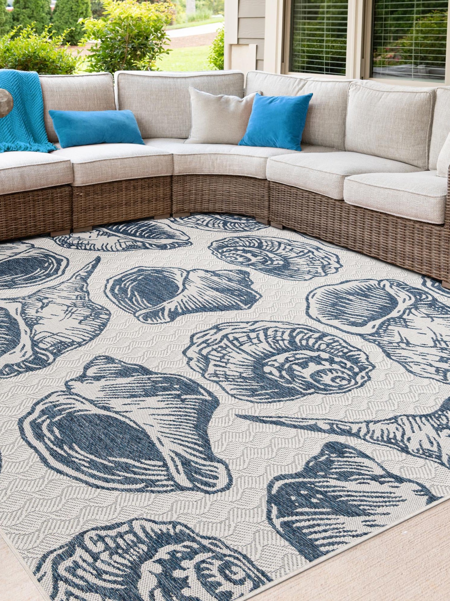 Ivory and Navy Blue 7' 10 x 7' 10 Outdoor Coastal Square Area Rug Weather Resistant for Patio, Deck, Terrace, Balcony, Porch 100% Polypropylene Coastal Decor Carpet for Sale at Rug Engine
