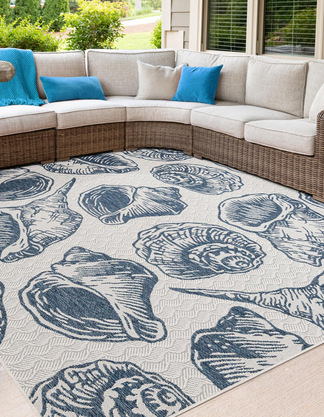 Ivory and Navy Blue 10' x 10' Outdoor Coastal Square Area Rug Weather Resistant for Patio, Deck, Terrace, Balcony, Porch 100% Polypropylene Coastal Decor Carpet for Sale at Rug Engine