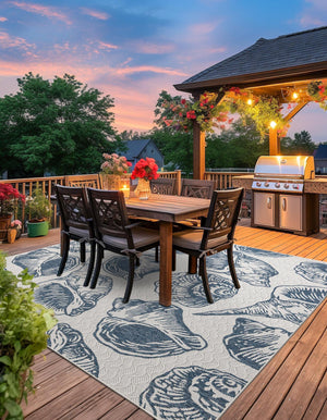Ivory and Navy Blue 12' x 12' Outdoor Coastal Square Area Rug Weather Resistant for Patio, Deck, Terrace, Balcony, Porch 100% Polypropylene Coastal Decor Carpet for Sale at Rug Engine