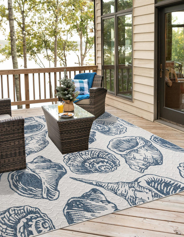 Ivory and Navy Blue 12' x 12' Outdoor Coastal Square Area Rug Weather Resistant for Patio, Deck, Terrace, Balcony, Porch 100% Polypropylene Coastal Decor Carpet for Sale at Rug Engine