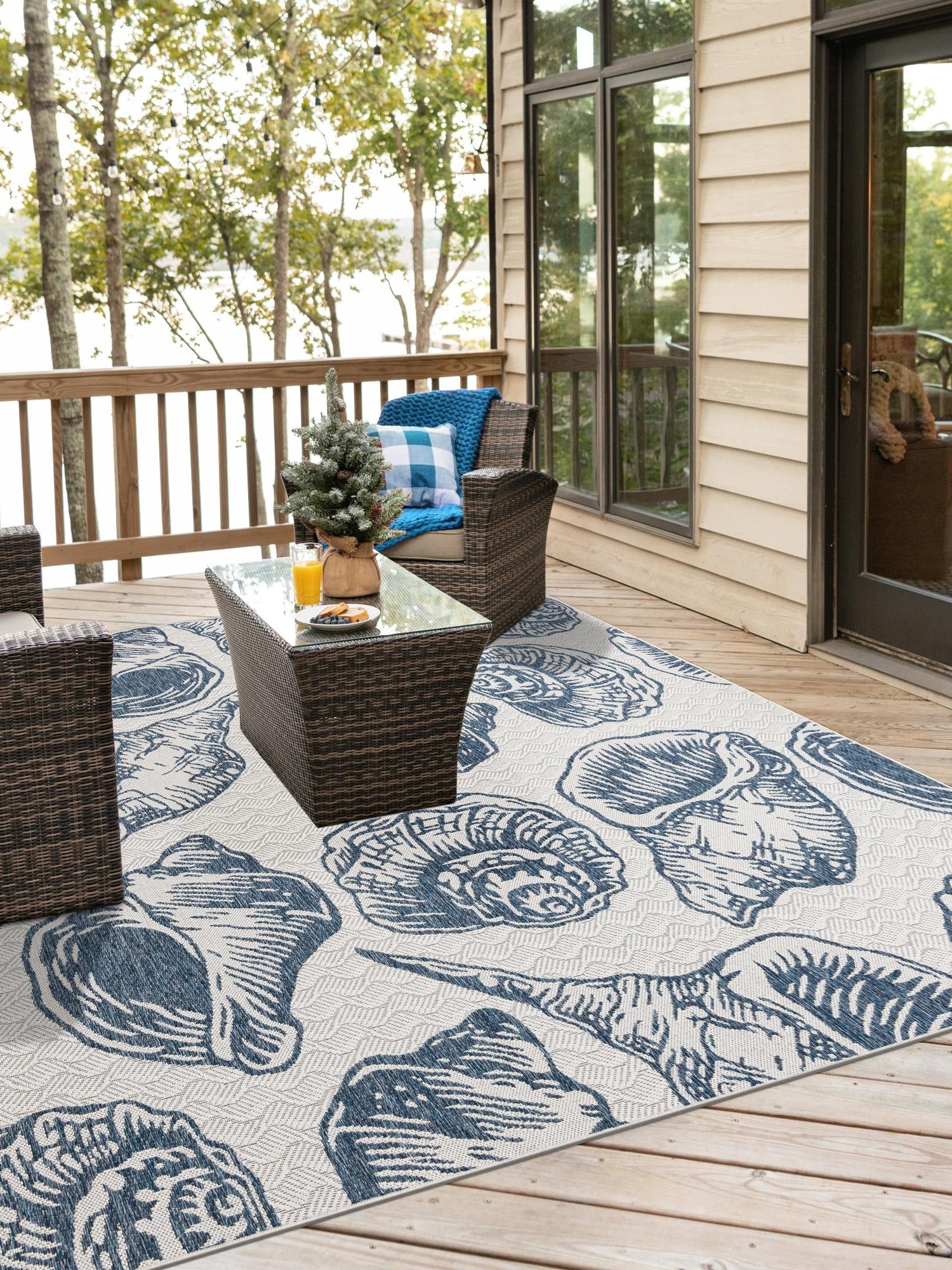 Ivory and Navy Blue 10' x 10' Outdoor Coastal Square Area Rug Weather Resistant for Patio, Deck, Terrace, Balcony, Porch 100% Polypropylene Coastal Decor Carpet for Sale at Rug Engine