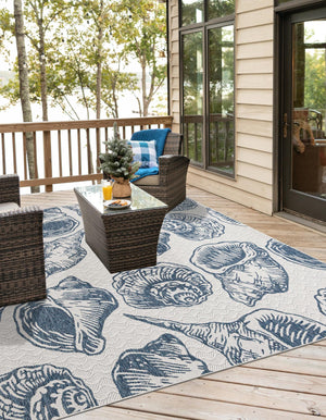 Ivory and Navy Blue 10' x 10' Outdoor Coastal Square Area Rug Weather Resistant for Patio, Deck, Terrace, Balcony, Porch 100% Polypropylene Coastal Decor Carpet for Sale at Rug Engine
