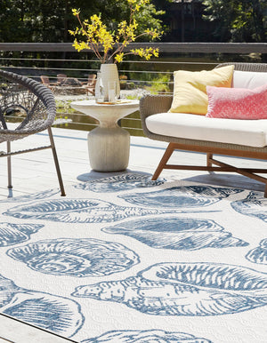 Ivory and Navy Blue 12' x 12' Outdoor Coastal Square Area Rug Weather Resistant for Patio, Deck, Terrace, Balcony, Porch 100% Polypropylene Coastal Decor Carpet for Sale at Rug Engine