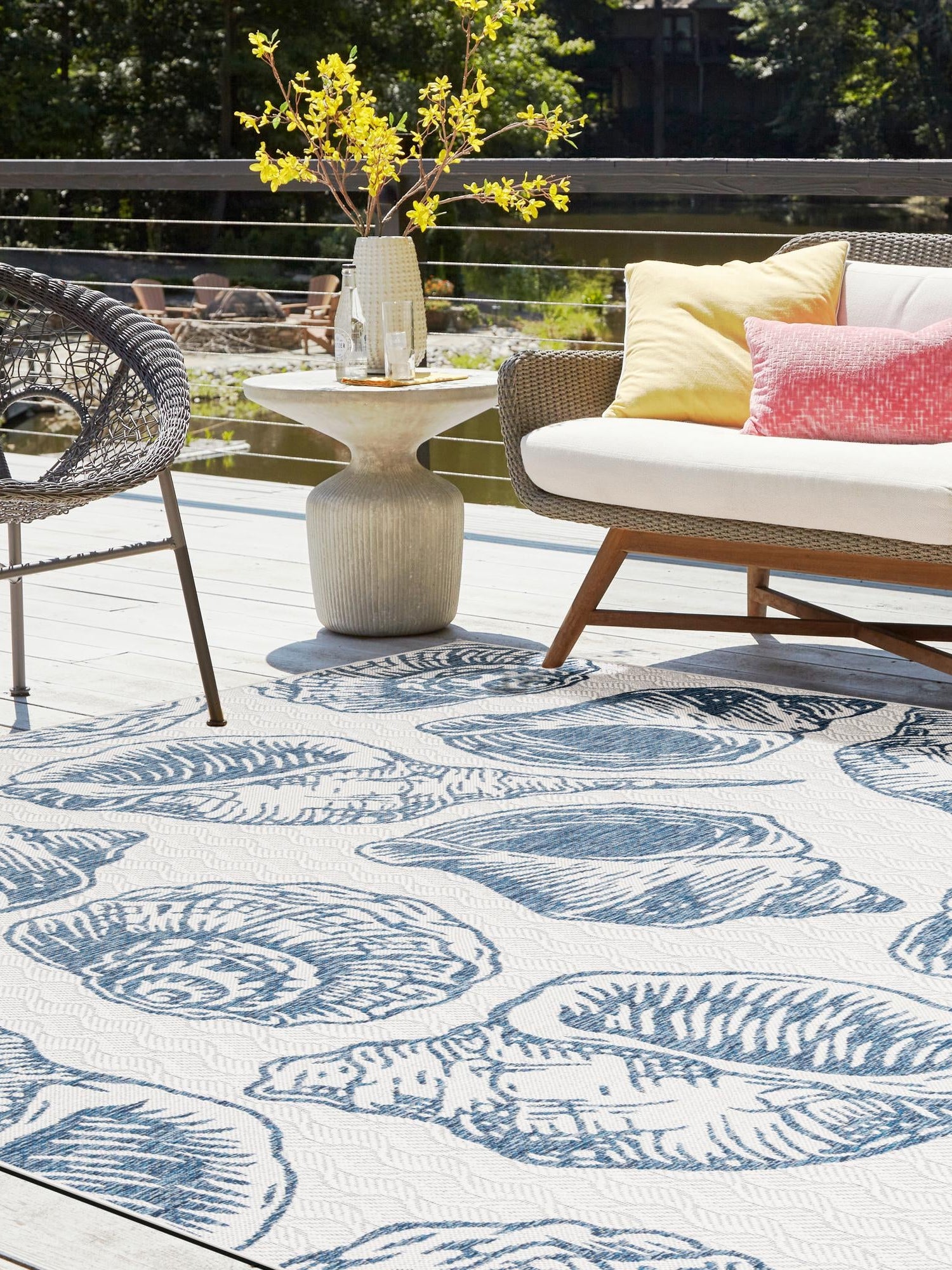 Ivory and Navy Blue 10' x 10' Outdoor Coastal Square Area Rug Weather Resistant for Patio, Deck, Terrace, Balcony, Porch 100% Polypropylene Coastal Decor Carpet for Sale at Rug Engine