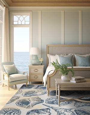 Ivory and Navy Blue 12' x 12' Outdoor Coastal Square Area Rug Weather Resistant for Patio, Deck, Terrace, Balcony, Porch 100% Polypropylene Coastal Decor Carpet for Sale at Rug Engine