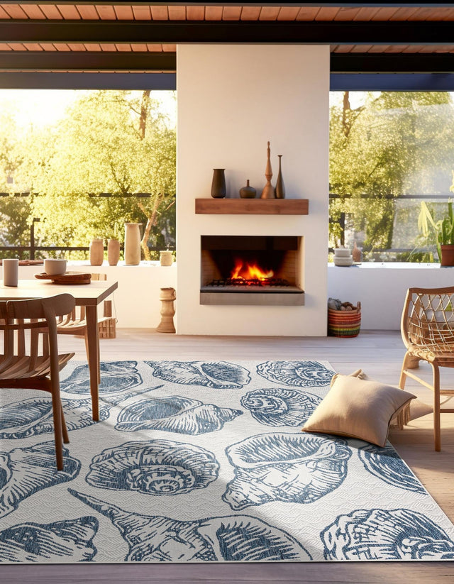 Ivory and Navy Blue 12' x 12' Outdoor Coastal Square Area Rug Weather Resistant for Patio, Deck, Terrace, Balcony, Porch 100% Polypropylene Coastal Decor Carpet for Sale at Rug Engine