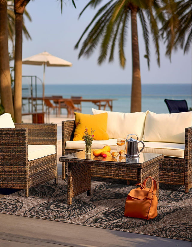 Brown and Black 7' 10 x 10' Outdoor Coastal Rectangle Area Rug Weather Resistant for Patio, Deck, Terrace, Balcony, Porch 100% Polypropylene Coastal Decor Carpet for Sale at Rug Engine
