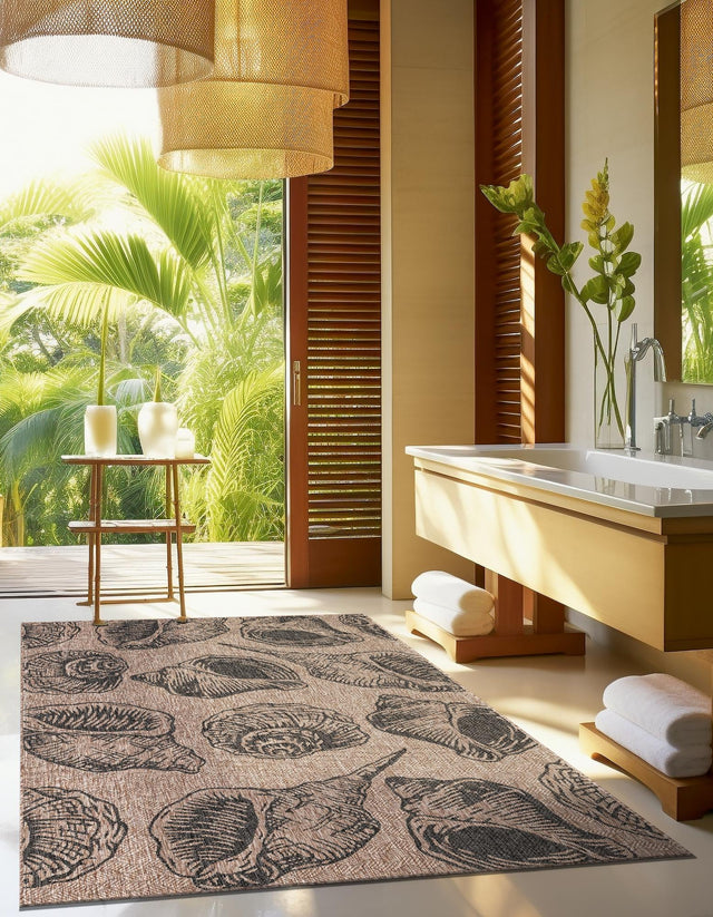 Brown and Black 5' 3 x 7' 1 Outdoor Coastal Rectangle Area Rug Weather Resistant for Patio, Deck, Terrace, Balcony, Porch 100% Polypropylene Coastal Decor Carpet for Sale at Rug Engine