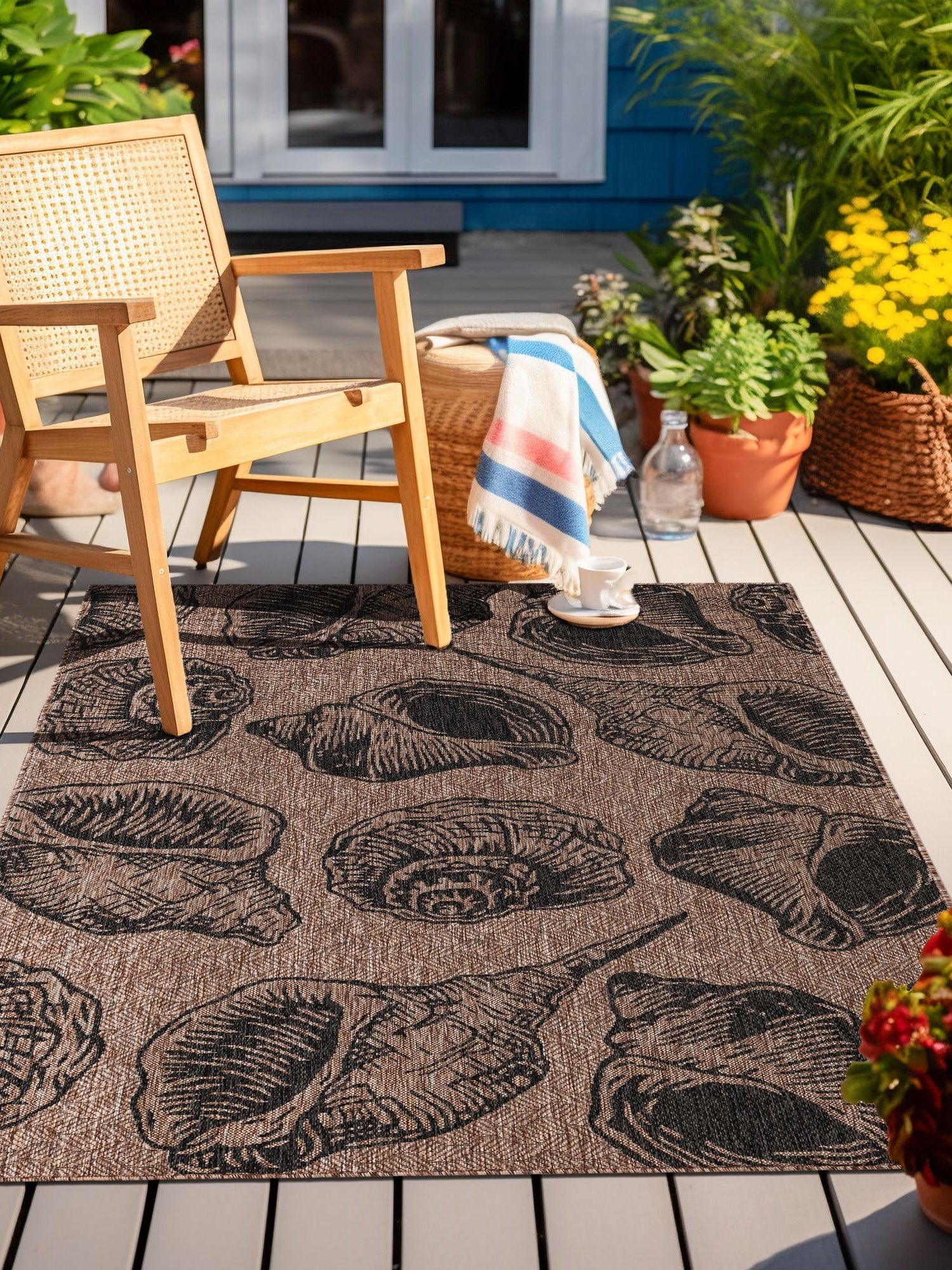 Brown and Black 4' 1 x 6' 1 Outdoor Coastal Rectangle Area Rug Weather Resistant for Patio, Deck, Terrace, Balcony, Porch 100% Polypropylene Coastal Decor Carpet for Sale at Rug Engine