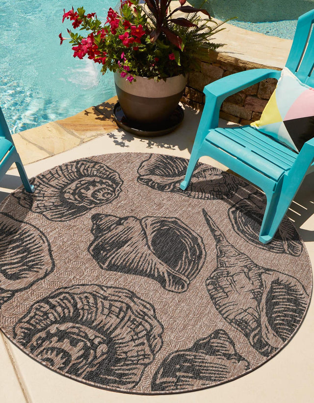 Brown and Black 6' 1 x 6' 1 Outdoor Coastal Round Area Rug Weather Resistant for Patio, Deck, Terrace, Balcony, Porch 100% Polypropylene Coastal Decor Carpet for Sale at Rug Engine