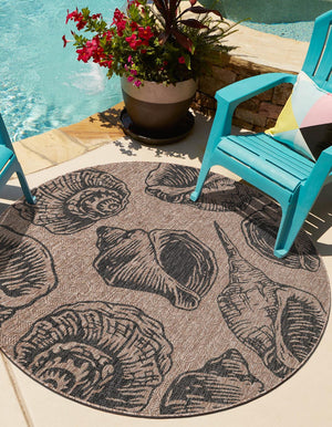 Brown and Black 12' x 12' Outdoor Coastal Round Area Rug Weather Resistant for Patio, Deck, Terrace, Balcony, Porch 100% Polypropylene Coastal Decor Carpet for Sale at Rug Engine