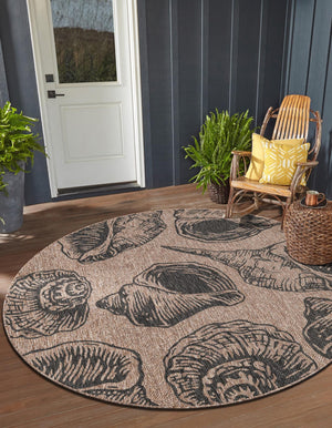 Brown and Black 6' 1 x 6' 1 Outdoor Coastal Round Area Rug Weather Resistant for Patio, Deck, Terrace, Balcony, Porch 100% Polypropylene Coastal Decor Carpet for Sale at Rug Engine