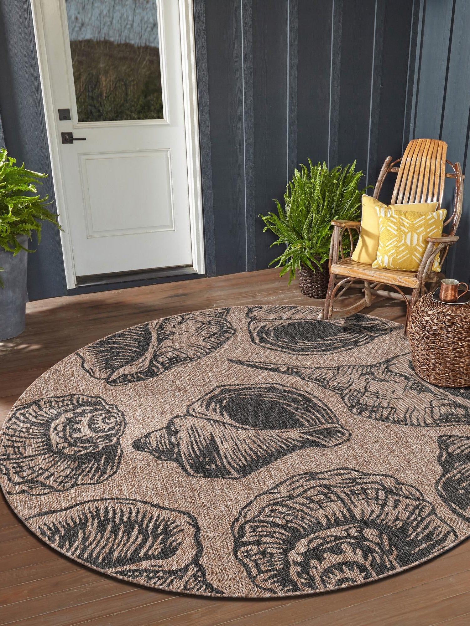 Brown and Black 10' x 10' Outdoor Coastal Round Area Rug Weather Resistant for Patio, Deck, Terrace, Balcony, Porch 100% Polypropylene Coastal Decor Carpet for Sale at Rug Engine