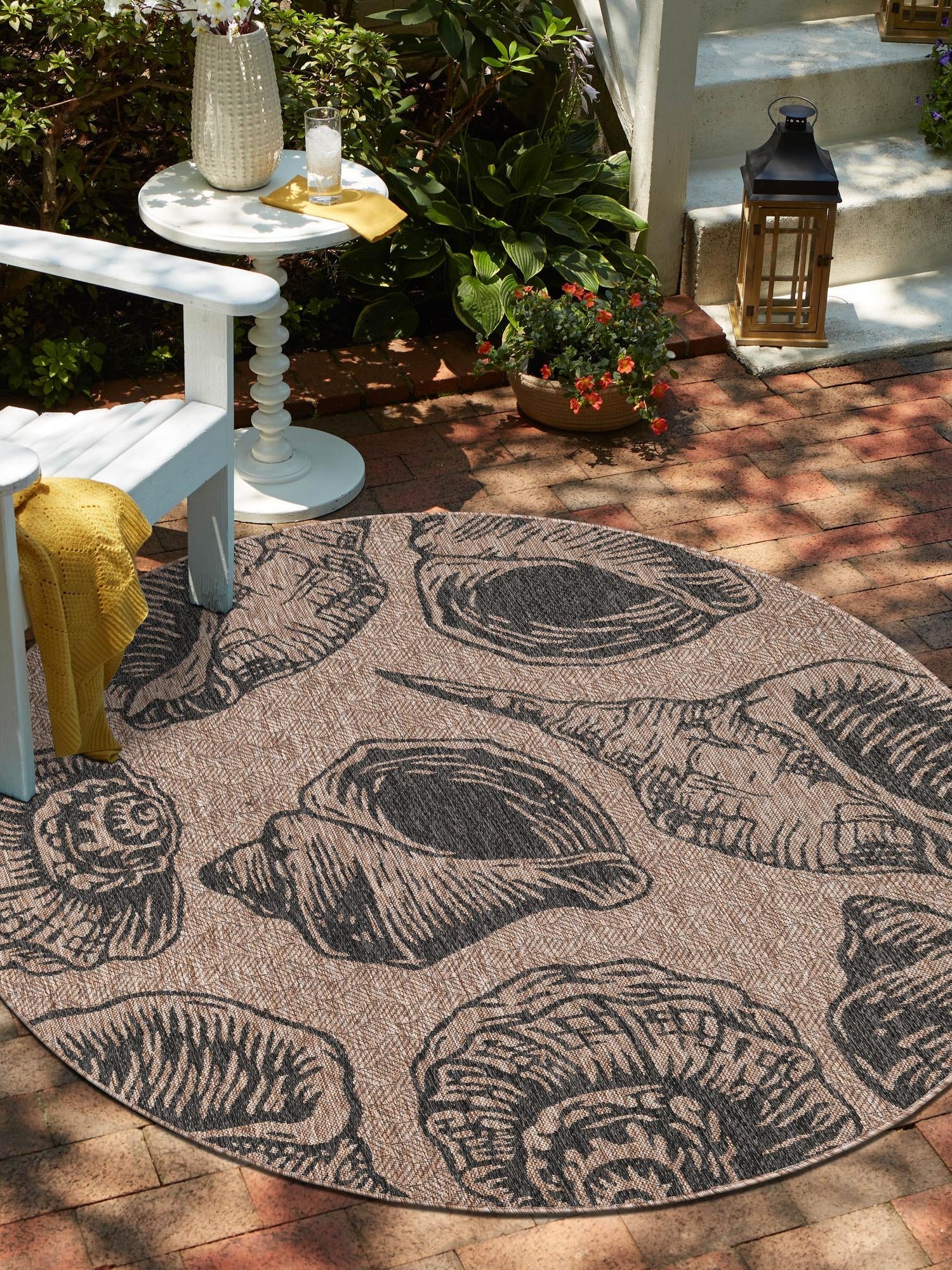 Brown and Black 6' 1 x 6' 1 Outdoor Coastal Round Area Rug Weather Resistant for Patio, Deck, Terrace, Balcony, Porch 100% Polypropylene Coastal Decor Carpet for Sale at Rug Engine