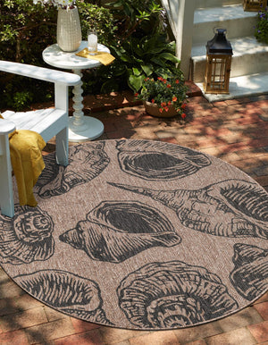 Brown and Black 6' 1 x 6' 1 Outdoor Coastal Round Area Rug Weather Resistant for Patio, Deck, Terrace, Balcony, Porch 100% Polypropylene Coastal Decor Carpet for Sale at Rug Engine