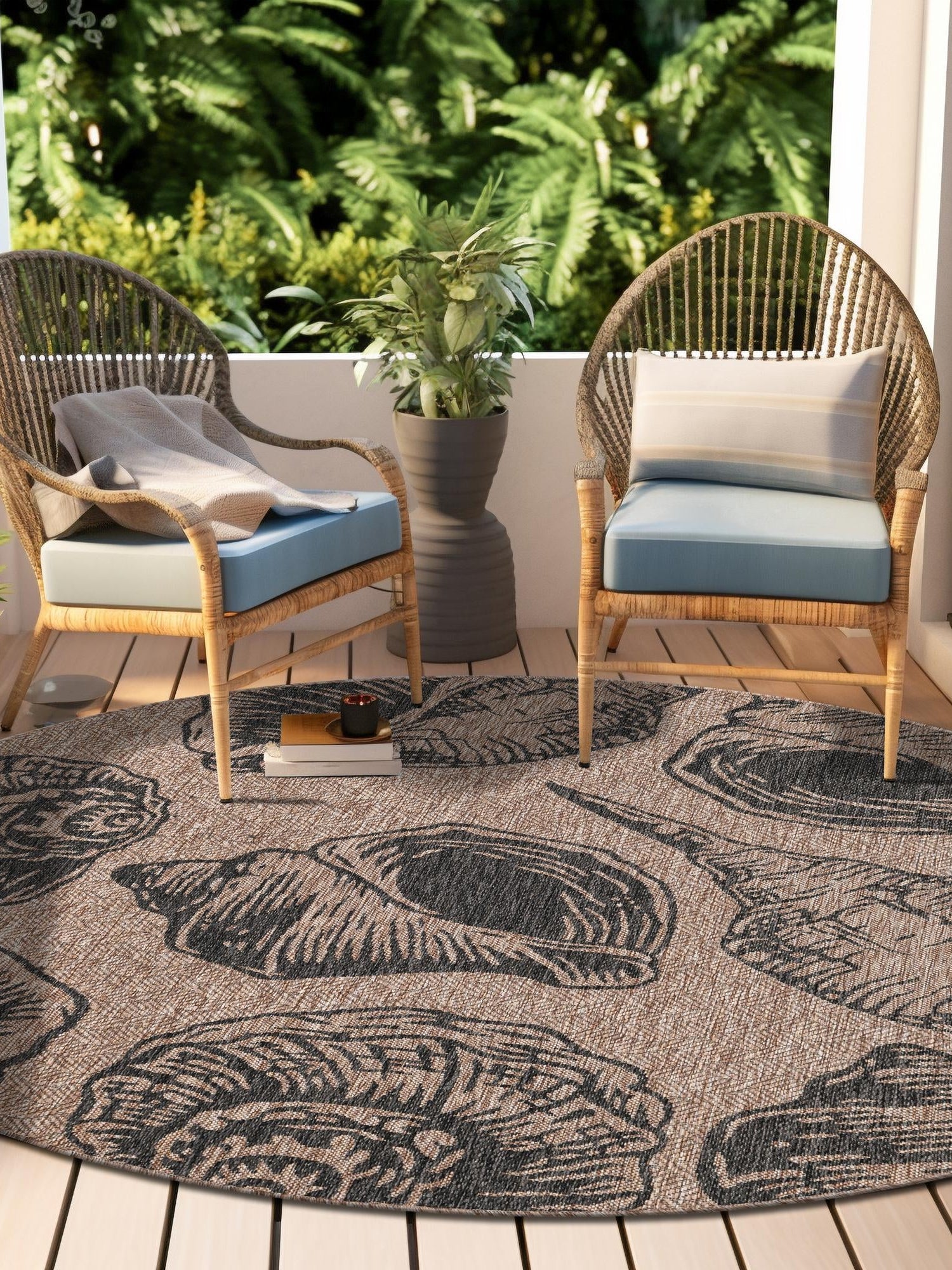 Brown and Black 6' 1 x 6' 1 Outdoor Coastal Round Area Rug Weather Resistant for Patio, Deck, Terrace, Balcony, Porch 100% Polypropylene Coastal Decor Carpet for Sale at Rug Engine