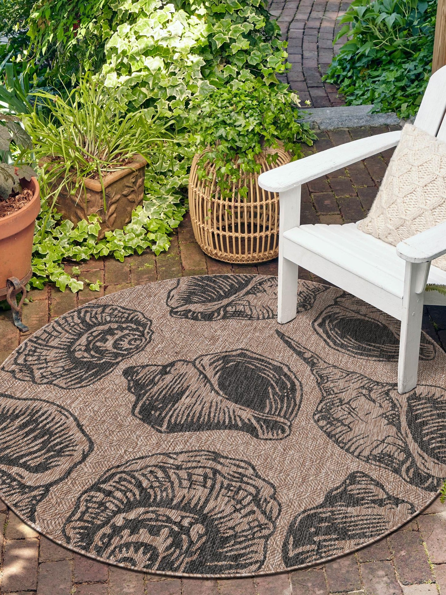 Brown and Black 6' 1 x 6' 1 Outdoor Coastal Round Area Rug Weather Resistant for Patio, Deck, Terrace, Balcony, Porch 100% Polypropylene Coastal Decor Carpet for Sale at Rug Engine